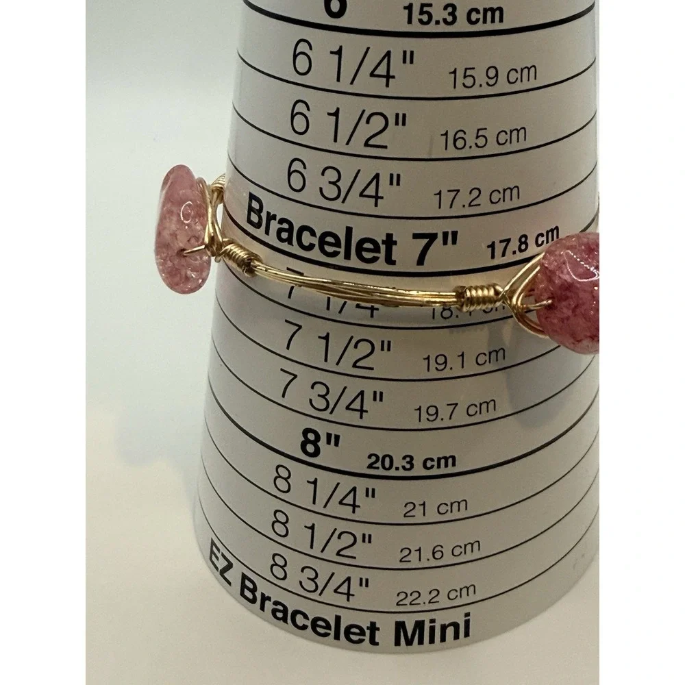 Wire Wrapped Bangle Bracelet Pink Stone or Glass Gold Tone 7